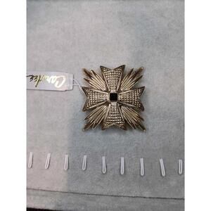 Vintage Carolee Brooch Gold Tone Maltese Cross Black Cabochon Statement Pin